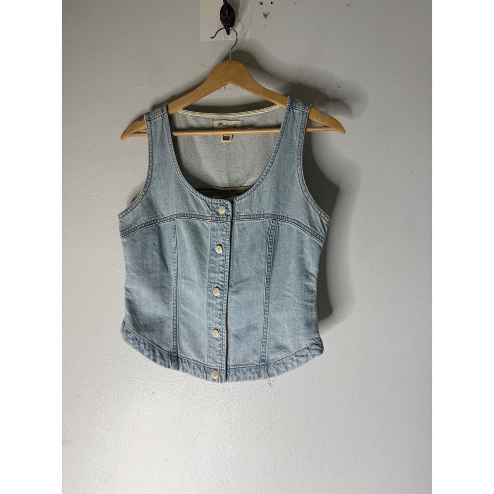 Madewell Women Light Wash Denim Button Front Vest Top Size 2 Cotton Scoop Neck
